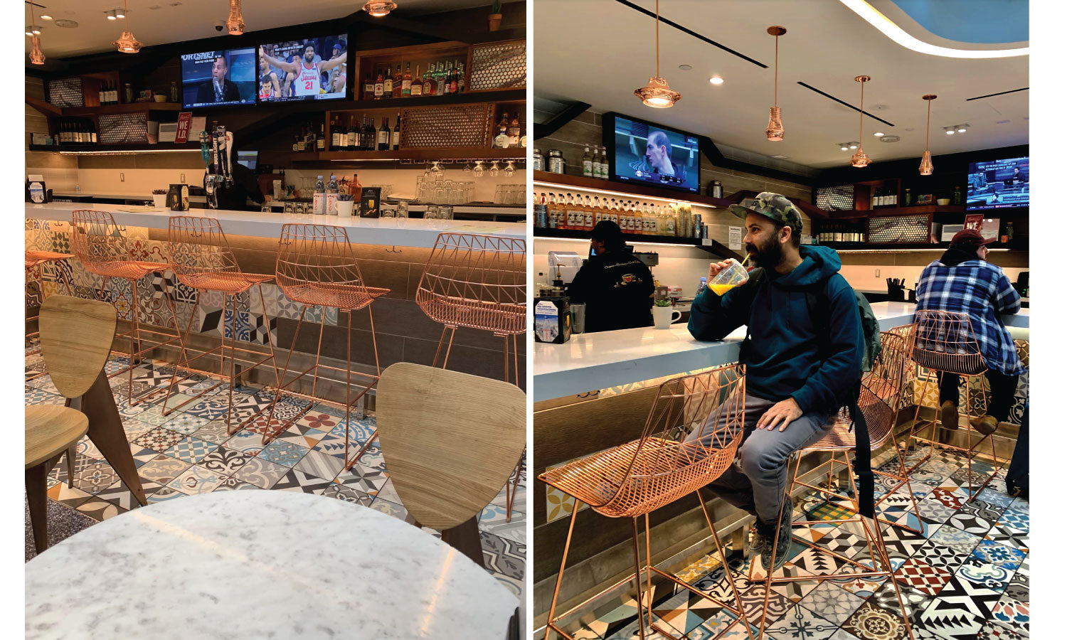 Urth Cafe with customers enjoying the Barstools located inside at the bar